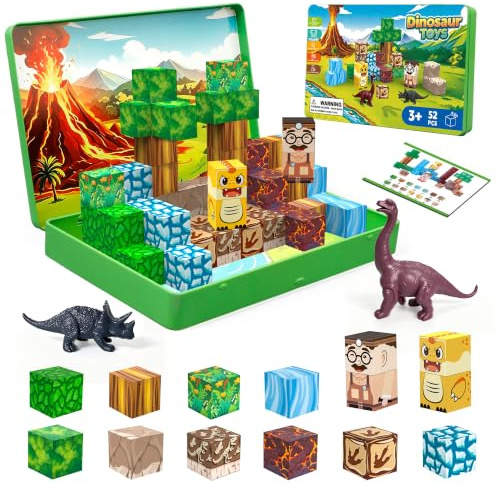 DQMOON Magnetic Building Blocks for Kids, 52PCS Dinosaur Toys for Boys Girls Ages 3-8, Travel Magnet Cube Set with Metal Storage Box, Montessori STEM Learning Toys Birthday Gifts Xmas Stocking Fillers