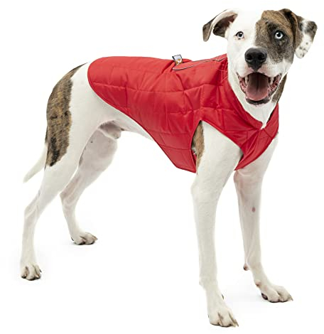 Kurgo Loft Hundejacke, Mit Hundegeschirr kombinierbar, Wasserdicht und reflektierend, Ideal für den Winter, Größe L, Rot/Grau