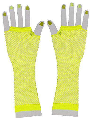 Foxxeo neon gelbe Netzhandschuhe für Damen 80er Jahre Party Handschuhe gelb Karneval Fasching Motto-Party