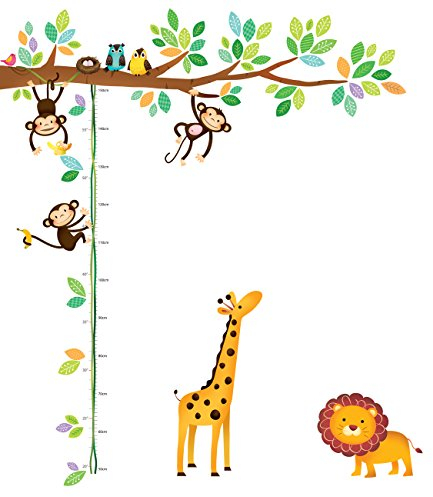 DECOWALL DW-1402 3 Affen Zweig Baum Höhentabelle Waldtiere Tiere Wandtattoo Wandsticker Wandaufkleber Wanddeko für Wohnzimmer Schlafzimmer Kinderzimmer