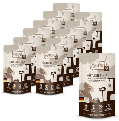 MjAMjAM - nourriture humide premium pour chats - Quetschie - pur plaisir de la viande - délicieux pur agneau, paquet de 12 (12 x 125 g), sans céréales avec supplément de viande