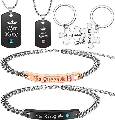 Hicarer 6 Piece Her King His Queen Necklace Bracelet Couple Necklace Bracelet Keychain Set for Valentines Jewelry Gift