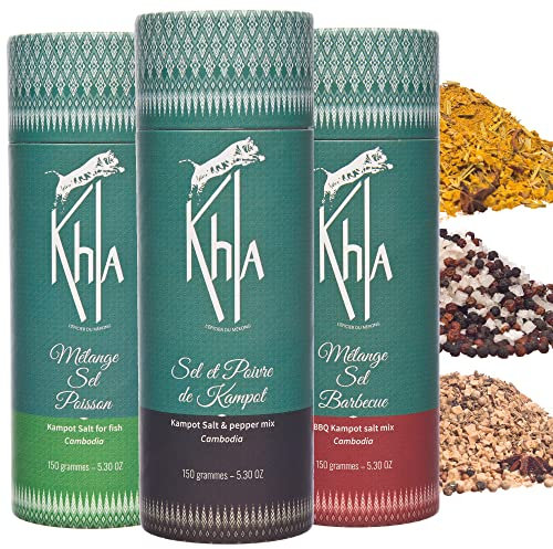 Khla - Coffret Trio de Sel - Mélanges Sels & Épices 3 variétés : Barbecue, Poissons, Sel & Poivre - 3 x 150 g - Idée Cadeau - Grands Crus - Ingrédients Cuisine - Origine Cambodge Asie
