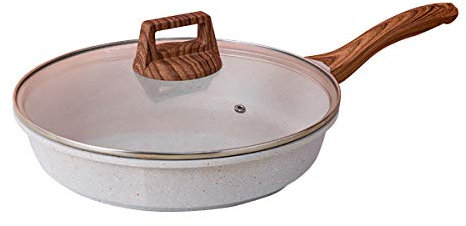 Antihaft-Bratpfanne mit Deckel aus gehärtetem Glas und Griff aus massivem Holz. Von Stein abgeleitete Beschichtungen Wok-Topf aus Aluminiumlegierung