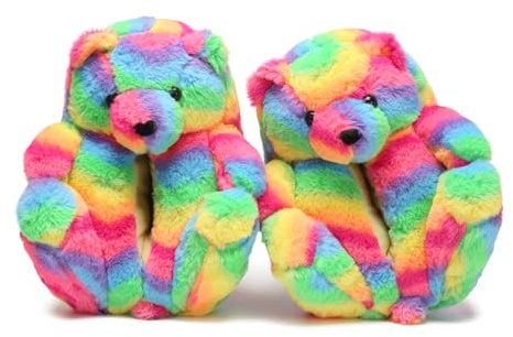 YUESAI Teddy Bear Slippers - Women's Plush Rainbow Bears Fuzzy Soft Fluffy Cute Animal Slippers for Girls Indoor House Sneakers