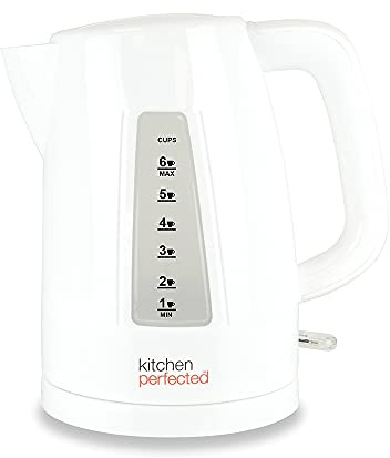 Kitchen Perfected Quiet Rapid Boil Eco-Friendly Cordless Kettle - 3000w, 1 cup boil, 1.5 Litre (6 cups), Removable Filter - White - E1526WH