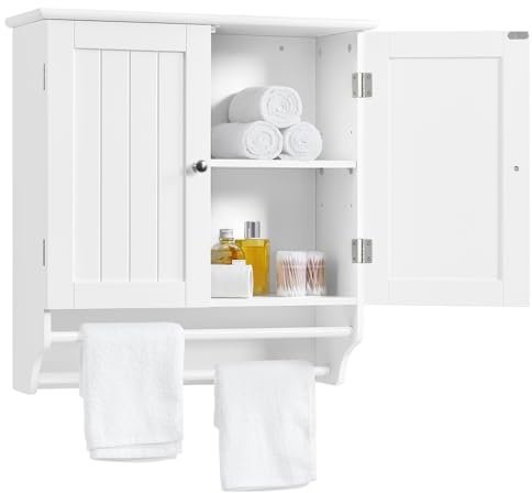 Yaheetech Meuble Haut/Armoire Murale de Salle de Bain en Bois, 60 x 22,5 x 64 cm, 2 Portes/Étagères/Porte-Serviettes, Meuble Suspendu Toilette WC Entrée Blanc