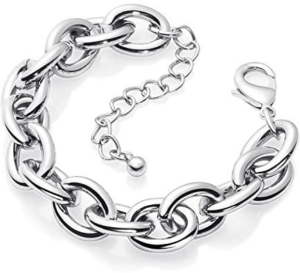 LANE WOODS Silver Bracelets for Women White Gold Plated Chunky Thick Large Link Chain Bracelet