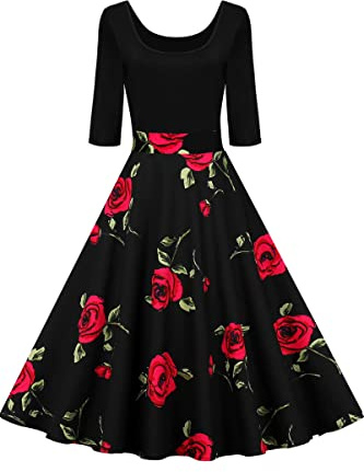 AXOE Women 50s Style Floral Vintage Rockabilly Dress 3/4 Sleeves Black with Red Rose F1B, UK Size 18, XXL