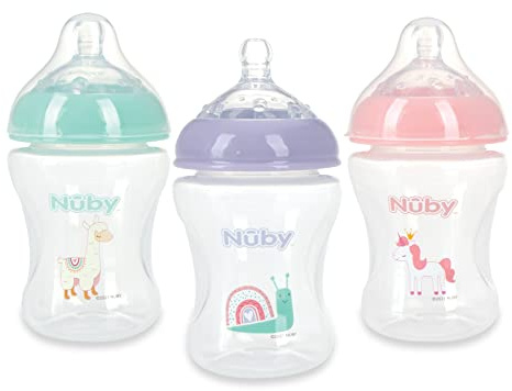 Nuby 3-Pack Infant Feeding Bottles with Slow Flow Breast Size Silicone Nipple: 0+ Months, 8oz, 3 Pack Set: Delicate Llama, Snail, Unicorn Prints