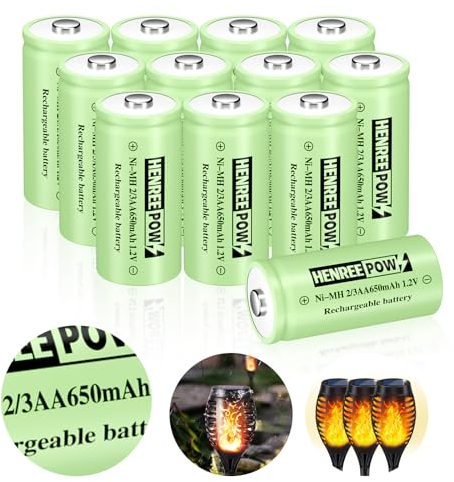 Henreepow 2/3AA 1.2v Ni-MH Rechargeable Battery 650mAh High Capacity Button-Top Battery, 1.2v Short AA Batteries for Garden Solar Light, Shorter Than AA and AAA (2/3AA-650mAh-12pack)