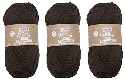 Glorex 5 1004 54 - Lote de 3 Algodones de 100% algodón, Ovillos y Lanas, de 50 g cada uno, de color marrón, versátiles, suaves y lavables