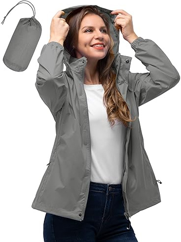 33,000ft Women's Lightweight Rain Jackets Hooded Breathable Packable Running Raincoats Active Trench Windbreaker with Hideaway Hood for Cycling Hiking (Light Grey-L/UK 14)