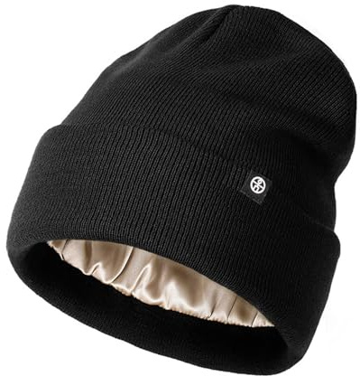 Ruzister® Bonnet d'hiver doublé de satin pour homme et femme - Bonnet tricoté doublé de soie - Bonnet doux - Extensible - Noir, Noir , Large