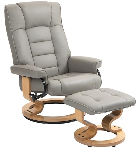HOMCOM Relaxsessel mit Hocker, Drehbar Fernsehsessel mit Liegefunktion, TV-Sessel mit Holzrahmen, bis 150 kg Belatbar, für Wohnzimmer, Kunstleder, Grau