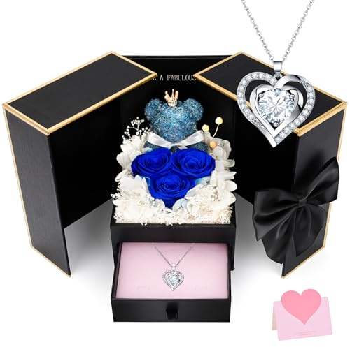 CSYY Regalo para el día de la Madre De Rosa Eterna, Colgante De Corazón Rosas Azules en La Caja de Regalo de Oro Negro, para Ella Navidad Día De San Valentín Cumpleaños