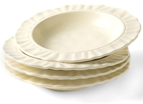 COIKZLY Ceramic Soup Bowls 8.6 in, Pasta Bowls & Plates, Cream color Floral-Embossed Wide Rim Shallow Bowls Set of 4, Italian Carving Design, Matte Finish Porcelain, Microwave & Dishwasher Safe