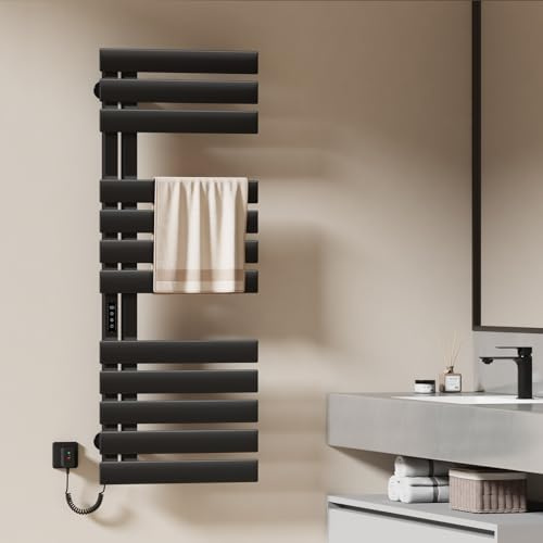 EMKE Toallero Electrico Baño, 1300x500mm, 440W, Negro, Lado Izquierdo, Radiador Toallero Eléctrico, Pantalla Táctil, Toallero Eléctrico con Control Wi-Fi, Función Temporizador