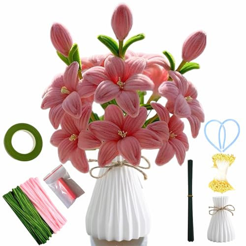 Wenbones Pfeifenreiniger Blumenset zum Basteln, Pfeifenreiniger Blumen Set, Perlen Blumen Staubgefäß für Blumenstrauß DIY Basteln Make a complete set of 15 Lilien kits, including the vase (hellrosa)