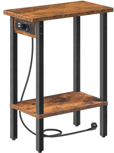 HOOBRO Table d’Appoint étroite, Bout de Canapé à 2 Niveaux avec Station de Charge, Table de Chevet avec Rangement, pour Petit Espace, Salon, Chambre, Bureau, Marron Rustique et Noir EBF240CBZ01
