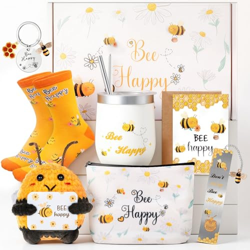 Set de regalos con temática de abejas para mujeres - Gracioso set de regalo de abeja que incluye una taza de acero inoxidable de 355 ml con pajita y cepillo, bolsa cosmética de abeja, llavero y