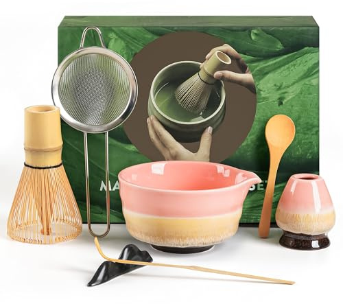 Torven Matcha Kit per Principianti - Matcha Set 7 Pezzi con Ciotola (Chawan), Frullino in Bambù (Chasen), Cucchiaio, Setaccio, Porta Chasen e Base - Set per Cerimonia del Tè Matcha Artigianale (rosa)