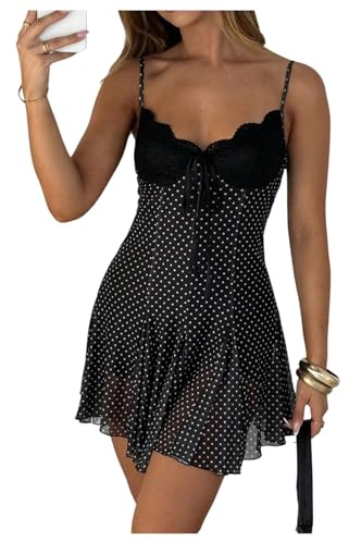 GORGLITTER Women's Polka Dots A Line Ruffle Mini Dresses Skater Dress Black