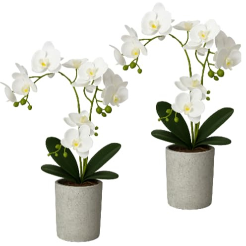 Suncalla 2 Pcs Fake Orchids Flowers in Pot Faux Orchids Artificial Floral Phalaenopsis with Vase for Home Wedding Table Centerpiece Bathroom Indoor Room Office Desk Decoration