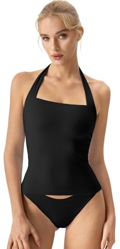 QINSEN Square Neck Tank Top for Womens Double Layer Tight Bodice Cut Halter Basic Tops Black S
