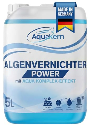 Aquakern Algenvernichter Pool Power 5L [mit Aqua KLAR KOMPLEX] entfernt Grünbelag | Algizid bei Grünalgen | Für mehr als 250.000 Liter | Schaumfreier Algenverhüter | Algenschutz | Made in Germany
