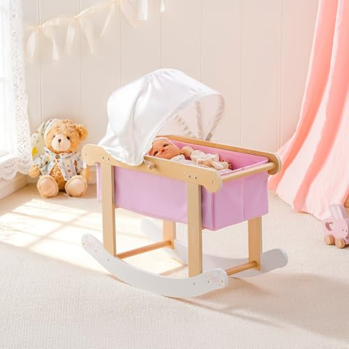 ROBUD Dockvagga med baldakin för 45 cm dockor, docksäng i trä med gungfunktion, madrass och kudde, dockmöbler för flickor från 3 år, rosa