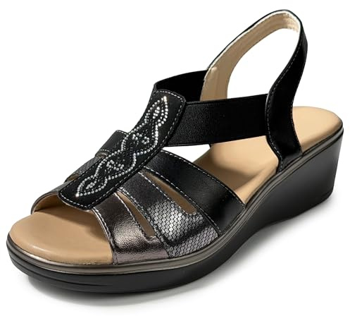 JOMIX Sandales Femme Été Confort avec Semelle Compensée 5 cm Sandales Élégantes avec Strass Bout Ouvert Bride Élastique Antidérapantes Chaussures Femme pour Pieds Larges Senior