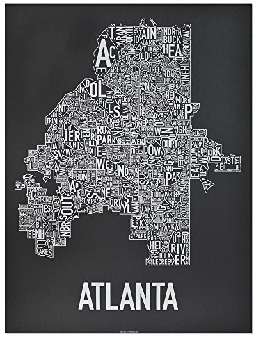Ork Posters Atlanta Neighborhood Type Map Art Screen Print, Black & Silver, 18 x 24
