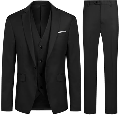 Allthemen Abito da Uomo 3 Pezzi Slim Fit Completo Formale da Matrimonio Un Bottone Giacca Gilet Pantaloni Nero S