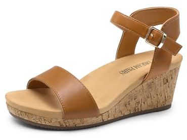 DREAM PAIRS Women's Open Toe Buckle Ankle Strap Platform Wedge Sandals for Women Summer Dressy Shoes,Size 7.5,Camel/Pu,NINI-8