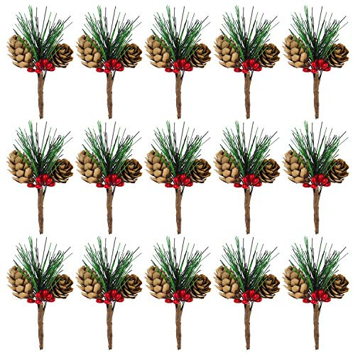 CHRORINE 15 Pcs Artificial Pine Cone Picks and Red Berry Mini Artificial Pine Tree for Christmas Party Flower Wreaths and Holiday Decorations