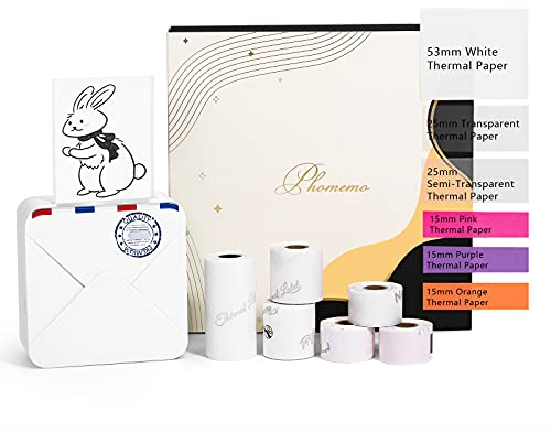 Phomemo Mini Thermodrucker mit 6 Etikettenrollen M02S Wireless Bluetooth Portable 300dpi Drucker mit wiederaufladbarem Akku, für Journal Organisationsfotos, kompatibel mit iOS & Android, Weiß