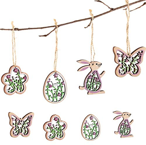 Osterdeko zum Aufhängen, 12 Stück Osteranhänger Holz, Frühlingsdeko Anhänger, Ostern Deko - Osterhase Ostereier Schmetterlinge Blumen