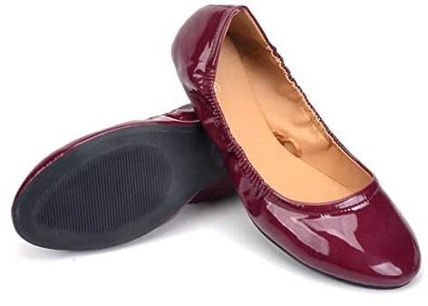 Foldable Ballet Pumps for Women Round Toe Roll Up Shoes Patent Leather Flat Walking Shoes,Red,5 UK