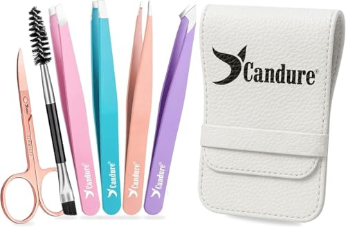 Candure Tweezers for Eyebrows - Professional Stainless Steel Slanted and Pointed Tip Hair Tweezers Set for Ingrown Hair, Blackhead Removal, Eyebrows Plucking Beauty Tool for Women (Multicolor-6pc)
