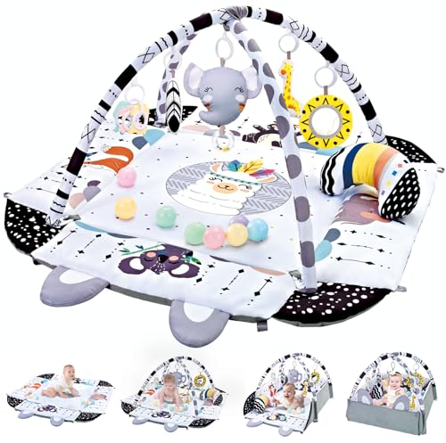TFDER 7-en-1 Gimnasio De Juegos Para Bebe, Manta de Actividades Antideslizante Infantil, Alfombra de Gateo con Arco de Juego y Juguetes Sensoriales,Juguetes para bebés de 0+ meses,Blanco y Negro