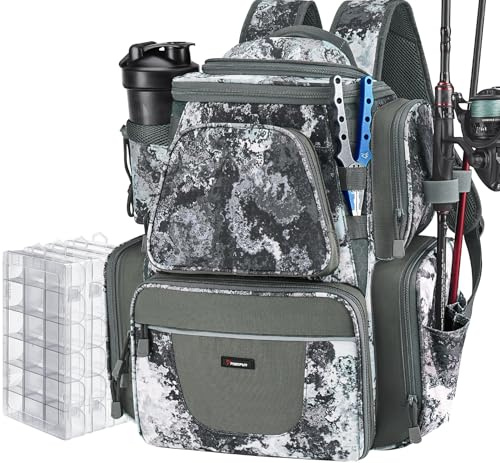 Piscifun Fishing Tackle Backpack with Rod Holder & 4 Tackle Boxes, Outdoor Gear Storage Tackle Bag with Protective Rain Cover, VEIL Camouflage