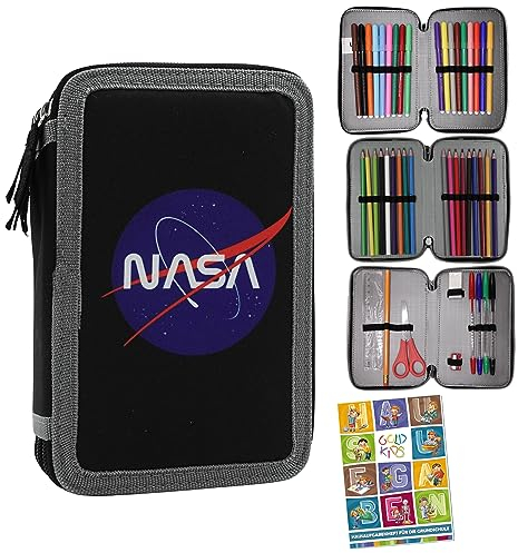 Goldkids Federmappe NASA Federmäppchen Federtasche XXL Schüleretui Federtasche Federpenal Schulmäppchen schwarz 3 Fächer 45-teilig gefüllt inkl Hausaufgabenheft