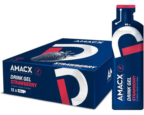 AMACX Energy Gel con 30g di Carboidrati – Confezione da 12 – 200mg di Sodio – Gel Energetico Ciclismo y Running – Carbogel con Sali Minerali Integratori – Fragola