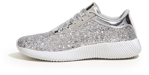 LUCKY STEP Zapatillas Brillantes de Mujer con Strass y Purpurina, Zapatillas Deportivas Ligeras de Paillettes Metálicas. (Plata, 6US-36EU-3UK)