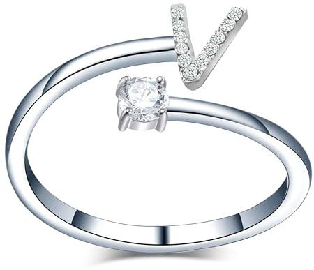 Only faith Anillos de letras iniciales Brillantes Zirconia cúbica Incrustada con acero inoxidable ajustable, Anillos abiertos de letras para mujer, joyería de moda circonita (V - PLATEADO)