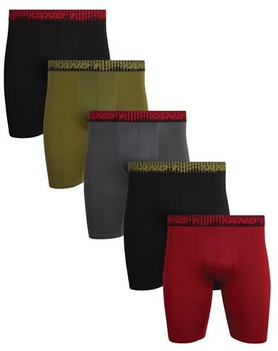 AND1 Mens Boxer Briefs - 5 Pack Performance Stretch Mens Underwear Long Leg Boxers for Men with Contour Pouch, 9 Inseam, Size Small, Black/Moss Green/Charcoal Grey/Black/Red Dahlia