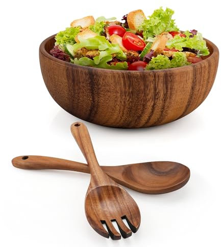 YKUKIZEE 1 Set 9.4 inch Wooden Salad Bowl and Servers Set, 24 cm Large Acacia Wood Salad Mixing Bowls, 1200 ml Wooden Fruits Bowls Set for Vegetables (Bowl, Fork, Spoon)