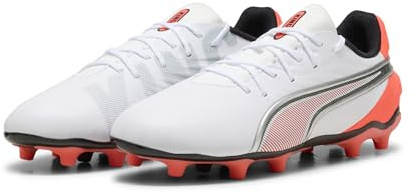 PUMA King Match FG/AG JR Soccer Shoe, White-Glowing RED Black Silver, 39 EU