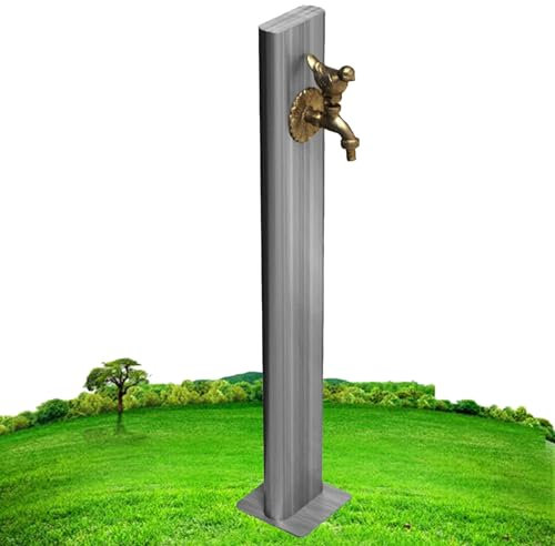 Outdoor Faucet Column Floor Mount, Irrigation Water Fountain Post Winter Freeze Spray Gun Hose Holder with Birds Taps and Stainless Steel Pillar, Outdoor Courtyard,Silver